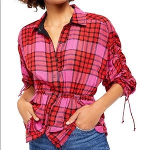 NWT Free People Red Combo Pacific Dawn Plaid Shirt